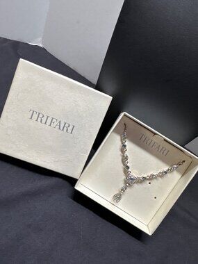 Trifari Silver-Tone Necklace With Multi-Colored Stones & Teardrop Pendant Elegan